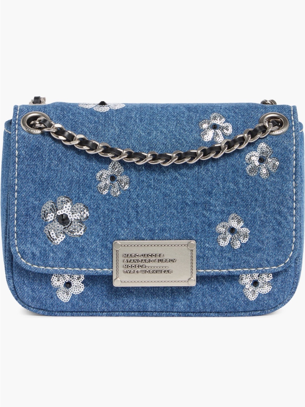 Marc Jacobs Blue Denim Mini Crossbody with Silver Sequin Flowers